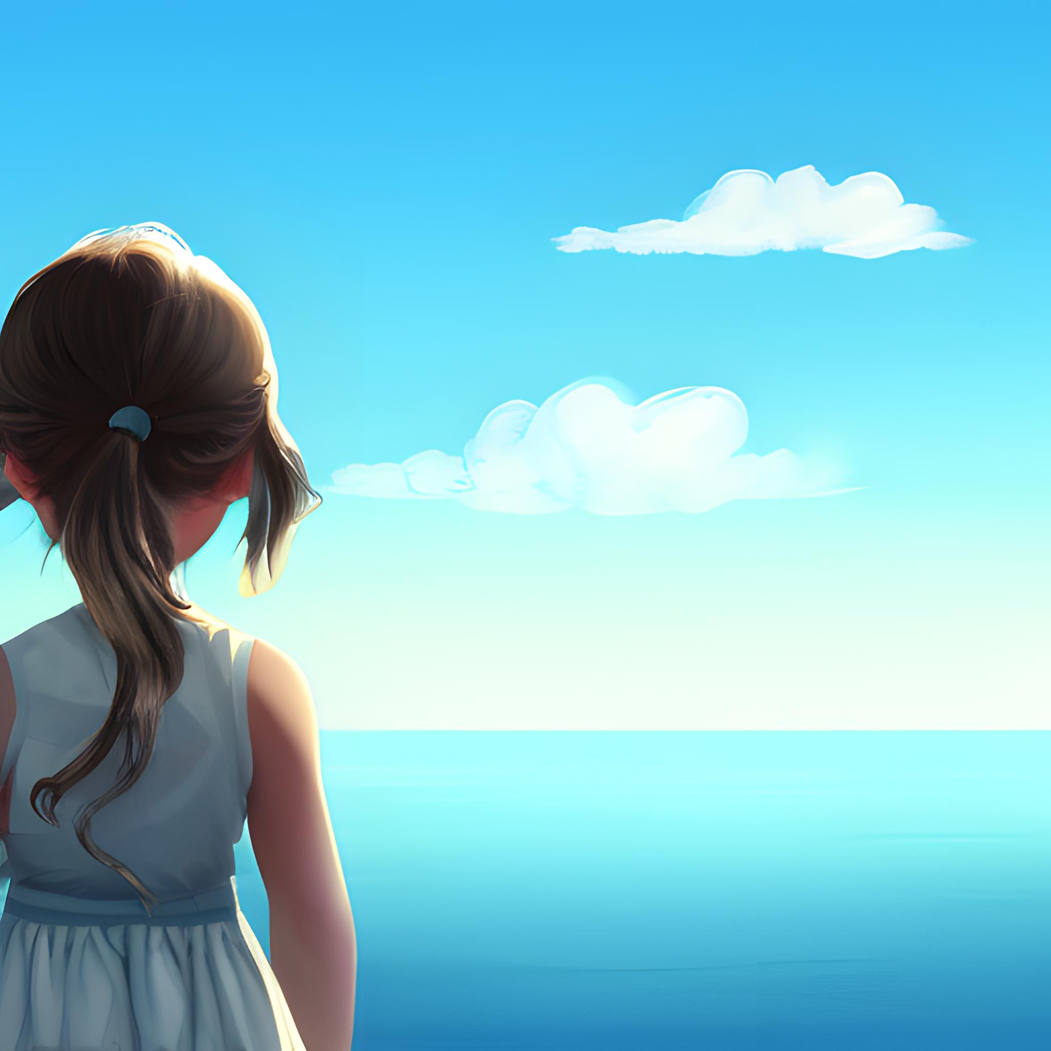 A curious girl is looking at the clear blue sky