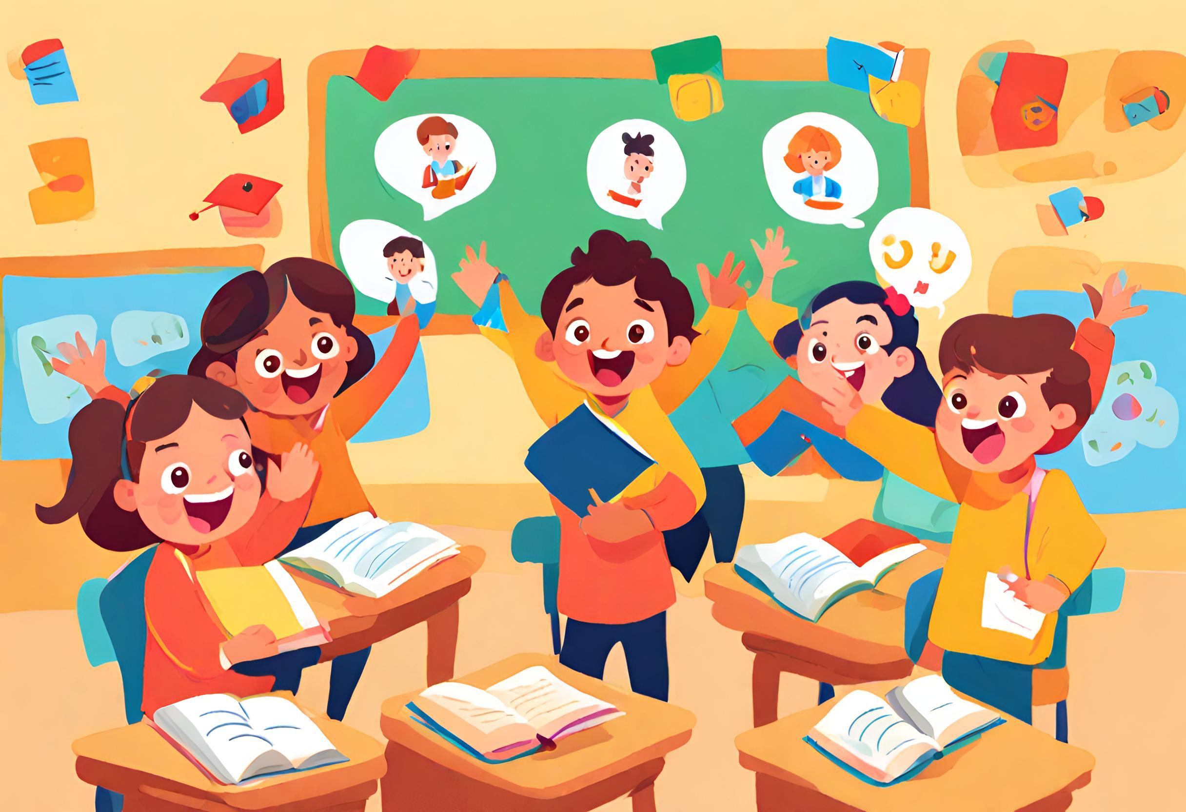 Excited students learning English